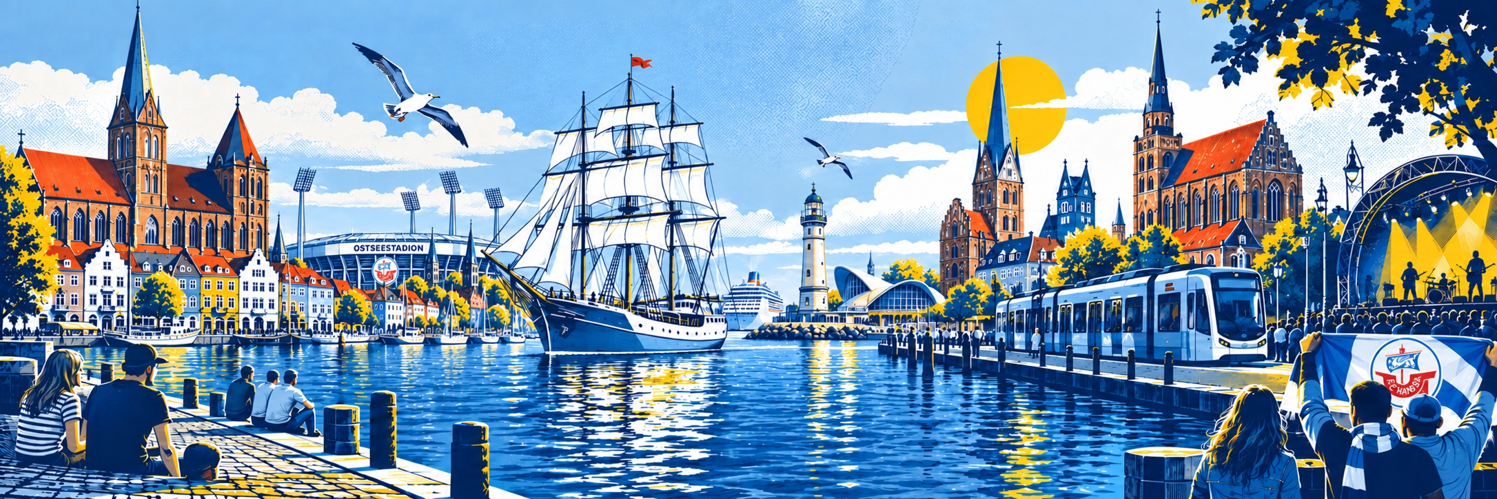Ausschnitt der Rostock-Comicgrafik mit Ostseestadion, Segelschiff und Warnemünder Leuchtturm
