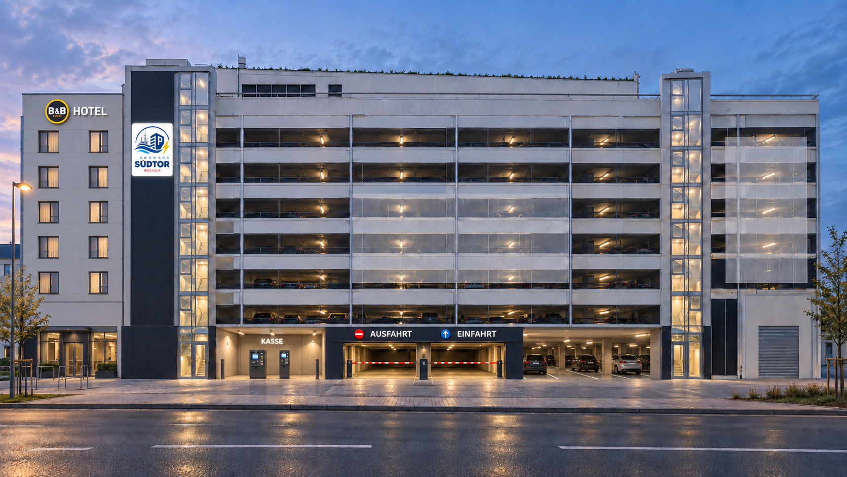 Architekturvisualisierung Parkhaus Südtor mit benachbartem B&B Hotel, offenem Kassenbereich links, Ausfahrt und Einfahrt nebeneinander sowie Stellplätzen rechts
