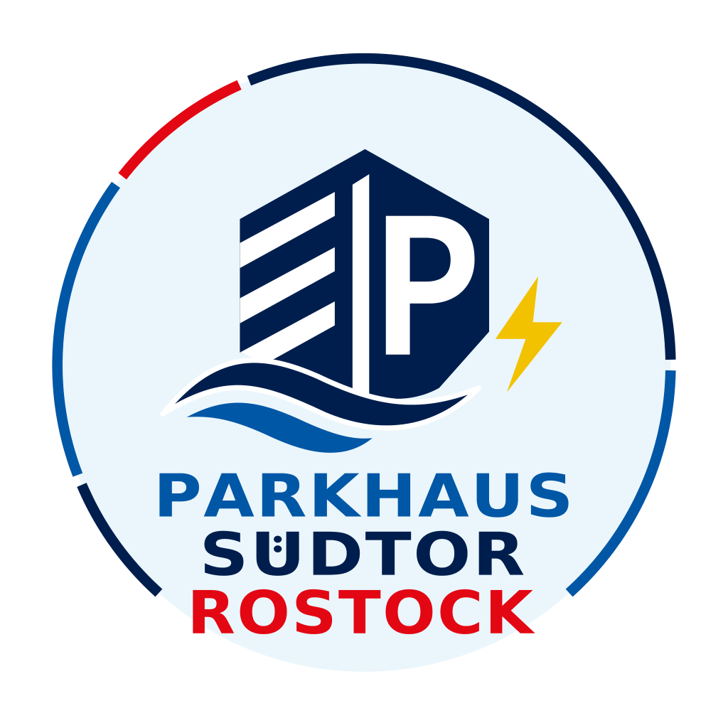 Parkhaus Südtor Rostock – Logo mit Traditionssegler, Parkhaus, Welle und Ladeblitz
